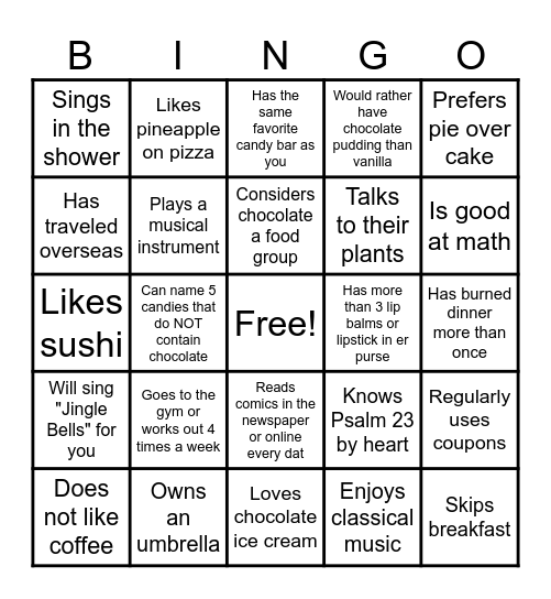 Chocolate Chums Bingo Card