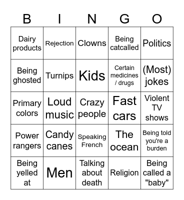 Trauma Triggers Bingo Card