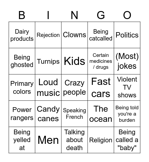 Trauma Triggers Bingo Card