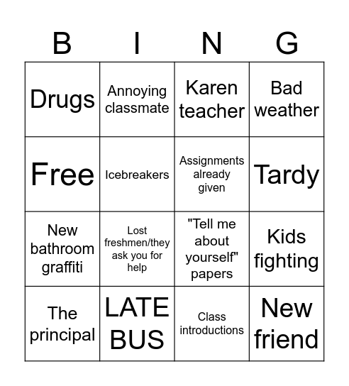 First day of school Bingo Card