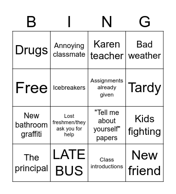First day of school Bingo Card