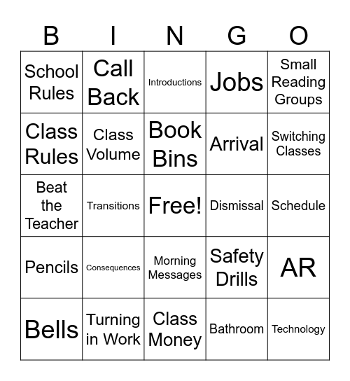 Routines and Procedures BINGO Card