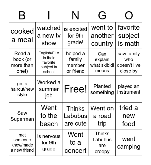 First Day of High School! Bingo Card