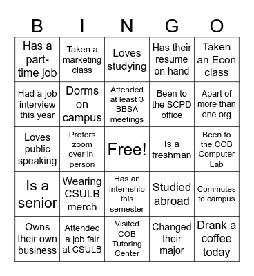 BBSA Business Bingo Card