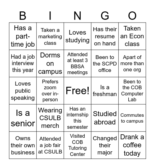BBSA Business Bingo Card