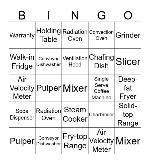 F&B Equipment Bingo Card