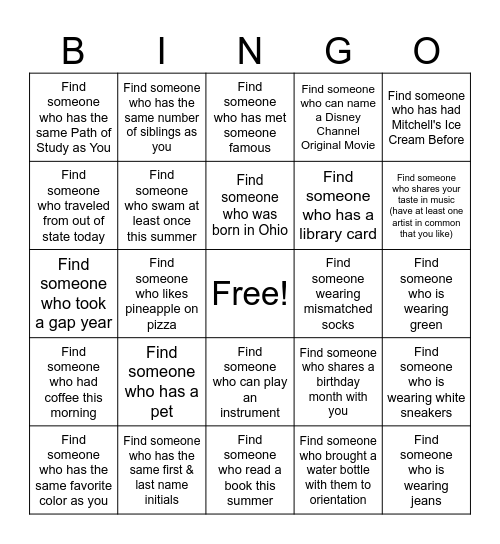 Mandel Mingle Bingo Card