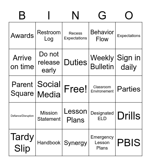 Pre Service Day 1 Bingo Card