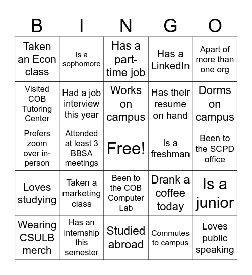 BBSA Business Bingo Card