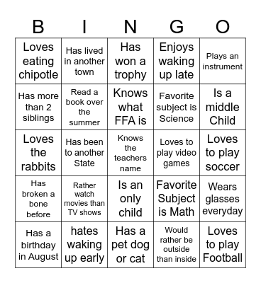 First Day of School Bingo Card
