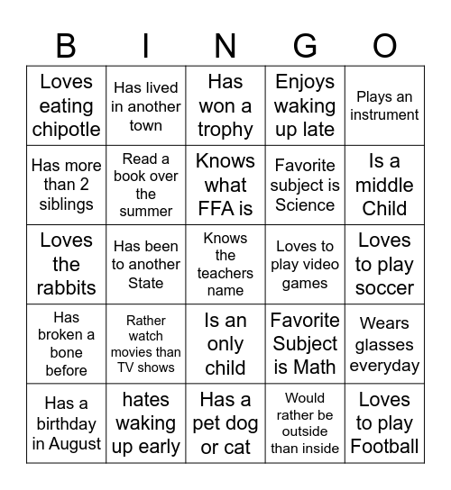 First Day of School Bingo Card