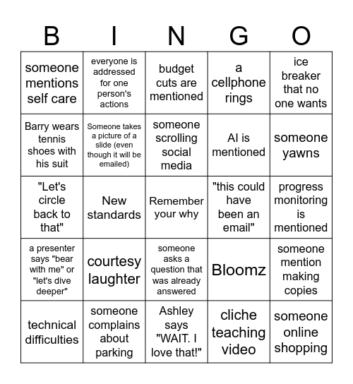 Professional Development Week 2024 Bingo Card