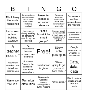 PD Teacher Bingo Card