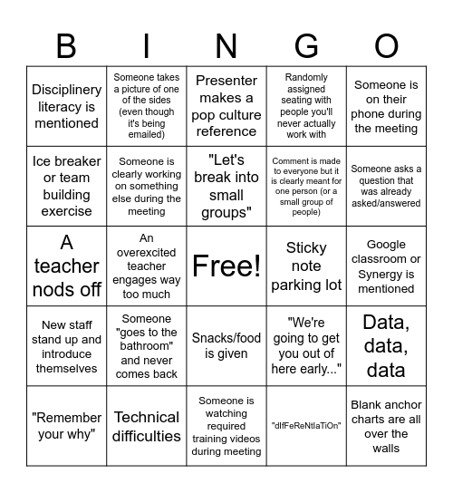 PD Teacher Bingo Card