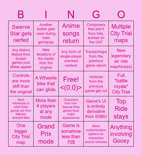 Kirby Air Riders Bingo Card