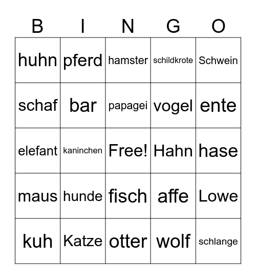German Animals Bingo Card