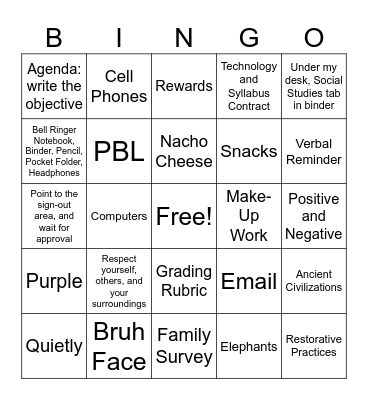 Procedures and Syllabus Bingo Card