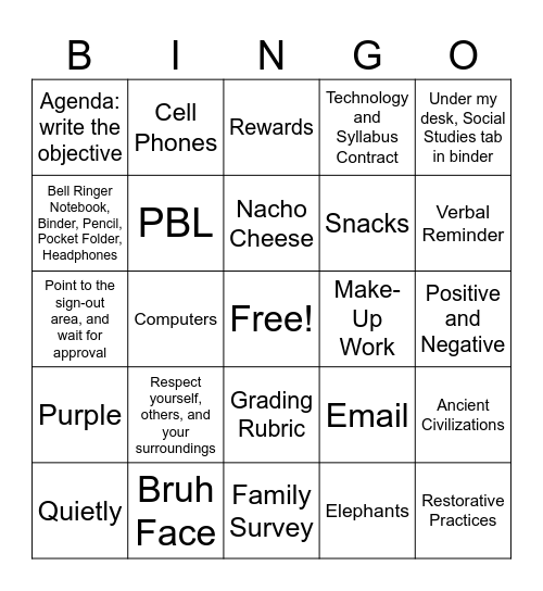 Procedures and Syllabus Bingo Card