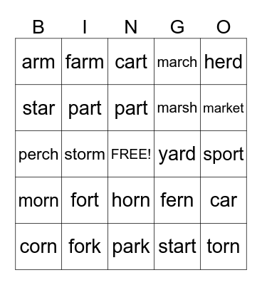 or, ar, er  Bingo Card