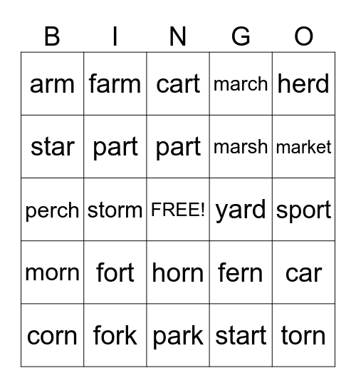 or, ar, er  Bingo Card