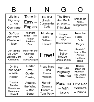 Retro Road Trip Bingo Card