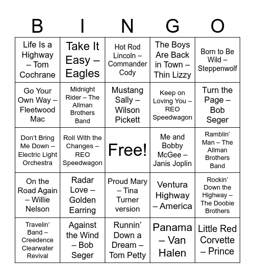 Retro Road Trip Bingo Card
