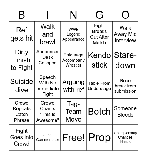 WWE Bingo Card