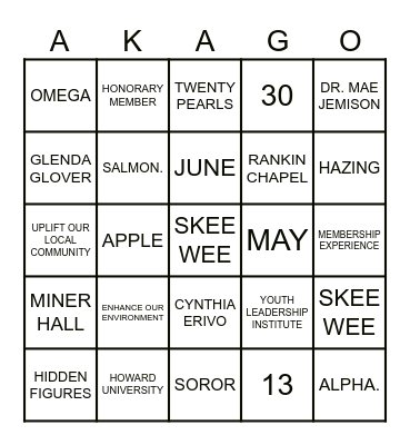 ALL THINGS AKA 1908 Bingo Card