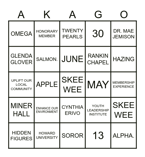 ALL THINGS AKA 1908 Bingo Card