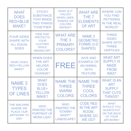 MY ART ROOM BINGO GAME Bingo Card