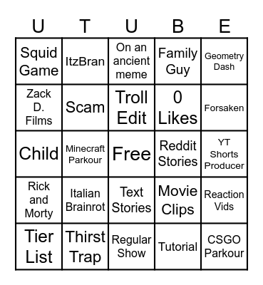 YOUTUBE SHORTS BINGOOOOO Bingo Card