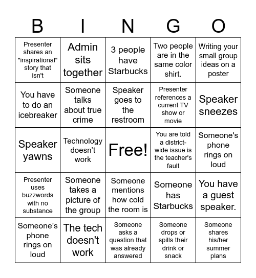 Professional Development Bingo Card