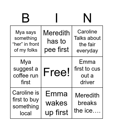 Girls trip Bingo Card