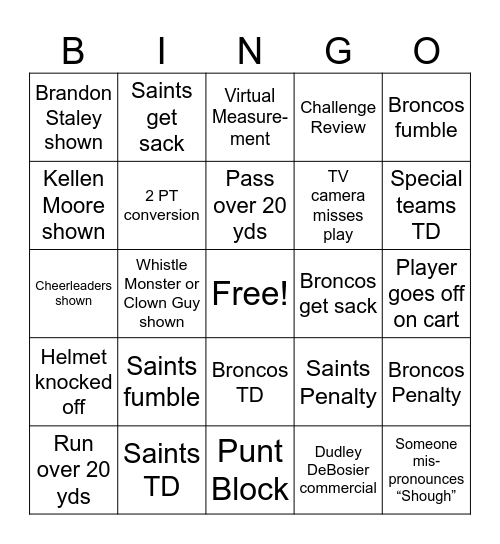 Saints Bingo Card