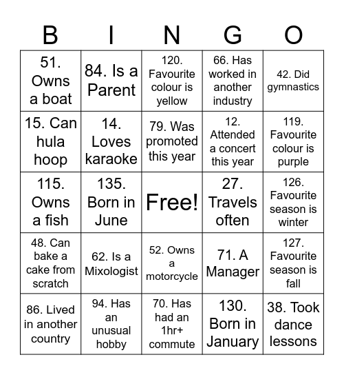Get to know each other Bingo Card