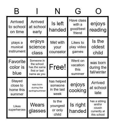 First Day of School Bingo Card
