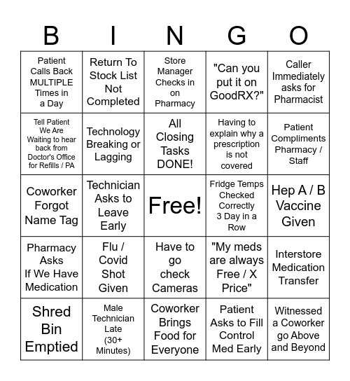 Weekly Retail Pharmacy Bingo Card