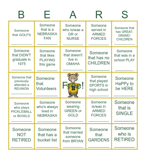 BRYAN CLASS of 1975 Bingo Card