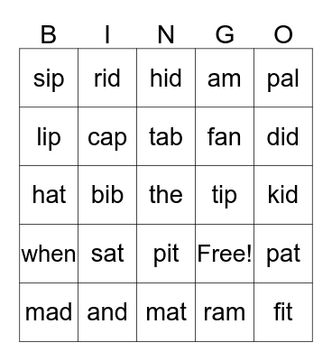 Short A and I Bingo Card