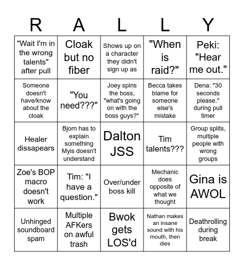Rally Bingo Card