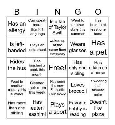 Classmate Bingo Card