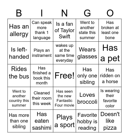 Classmate Bingo Card