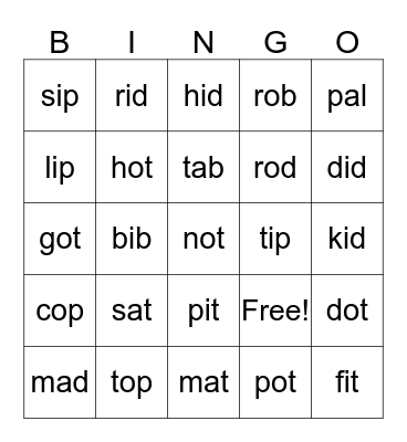 Short A. I, O Bingo Card