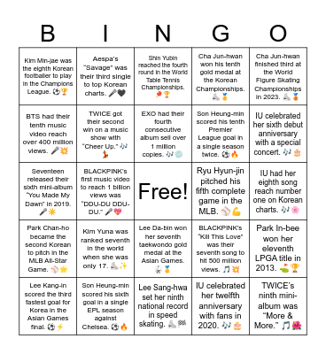 Korean Stars Ordinal Numbers Bingo Card