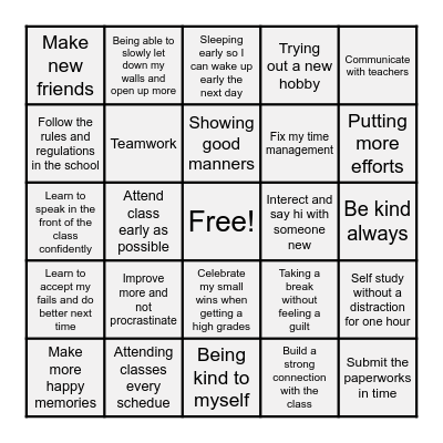 School Year Bingo Card Bingo Card