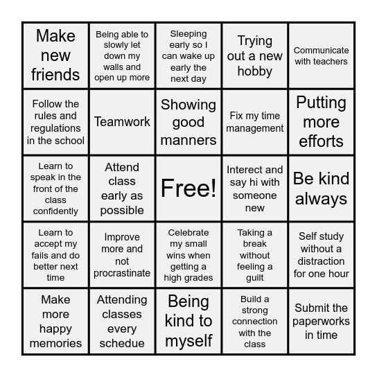 School Year Bingo Card Bingo Card