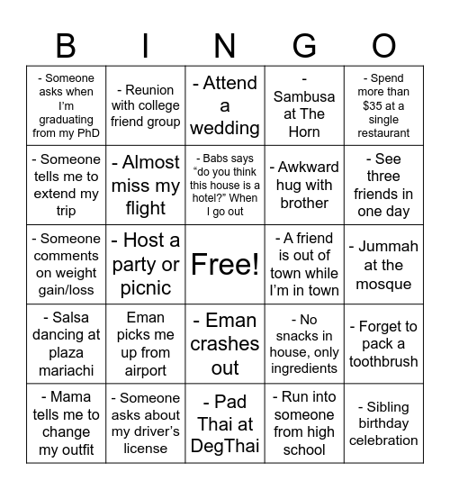 Back Home Bingo Card