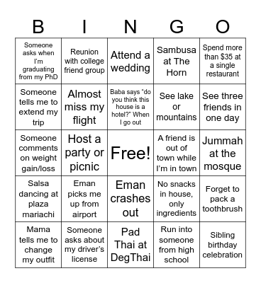Back Home Bingo Card