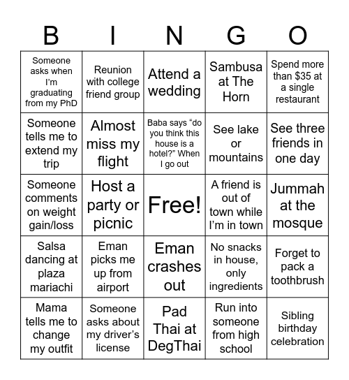 Back Home Bingo Card