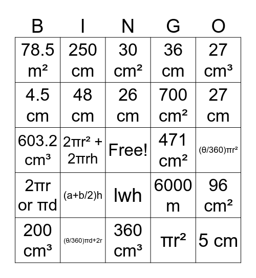 Measurement Bingo Card